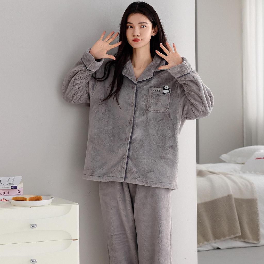 Women's Winter Flannel Pajama Set: Long Sleeve Cardigan & Warm Coral Fleece with Cartoon Panda Design