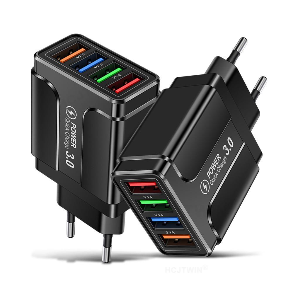 Цветное многопортовое зарядное устройство со светодиодом, 4 порта USB, 5 В 3 А, с вилкой EU/US/UK для путешествий