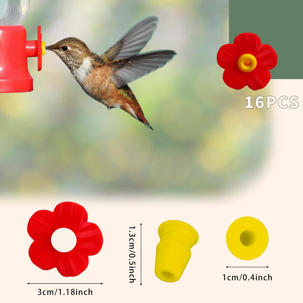 Spare Hummingbird Feeder Replacement Flowers: 16 Pieces Red Outdoor Nectar Feeding Accessories - Attract Wild Birds Garden Hanging Setup