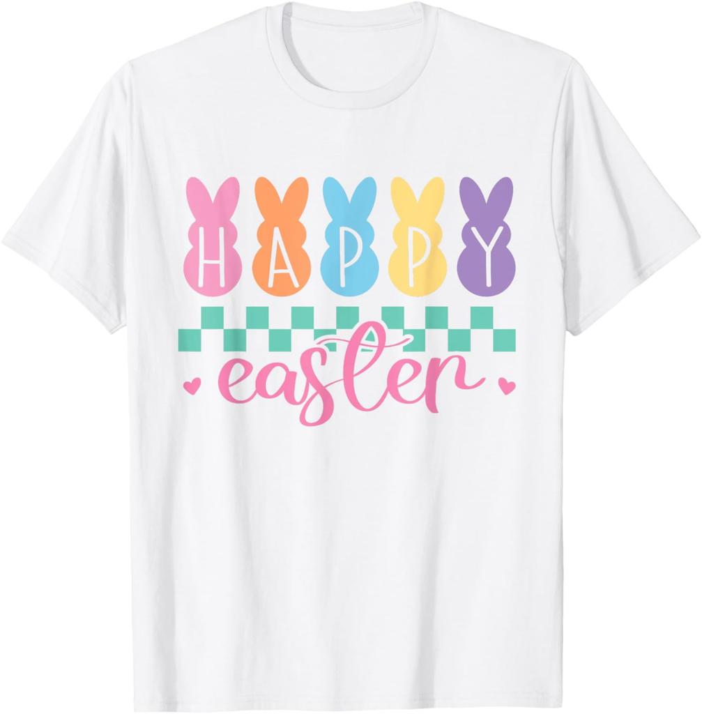 Happy Easter Bunny Graphic Tee Pastel Checkered Print Casual Short Sleeve T-Shirt