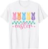 Happy Easter Bunny Graphic Tee Pastel Checkered Print Casual Short Sleeve T-Shirt