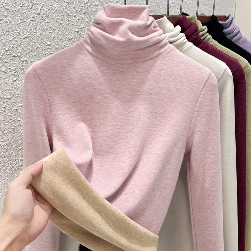 Autumn and Winter Women's Clothing Containing Wool and Silk Bottoming Shirt Women's Inner Heating Fleece Warm Turtleneck Top with Fleece and Thicker