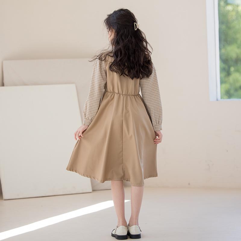 Платье для девочек «Гусиная лапка», имитация двойки - 2025 Осень, студенческий стиль для детей