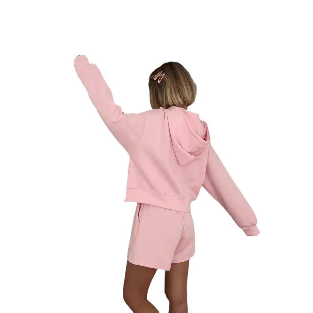 Женский весенне-летний розовый худи с капюшоном и шорты - Модный, молодежный повседневный костюм-двойка