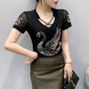 Summer Chic Women Clothes T-shirt Sexy Hollow Out Cartoon Swan Hot Diamonds Tops High Quality Female Luxury Slim Stretch Tees