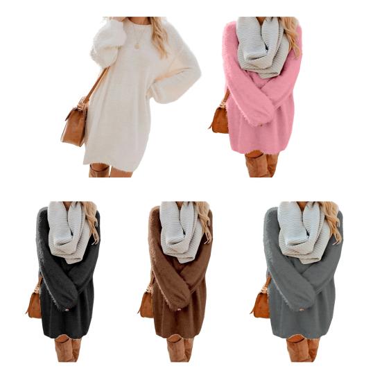 Women's Furry Pullover Sweater Dress Fuzzy Slouchy Oversized Long Tops Loose Crew Neck Fall Short Mini Dress