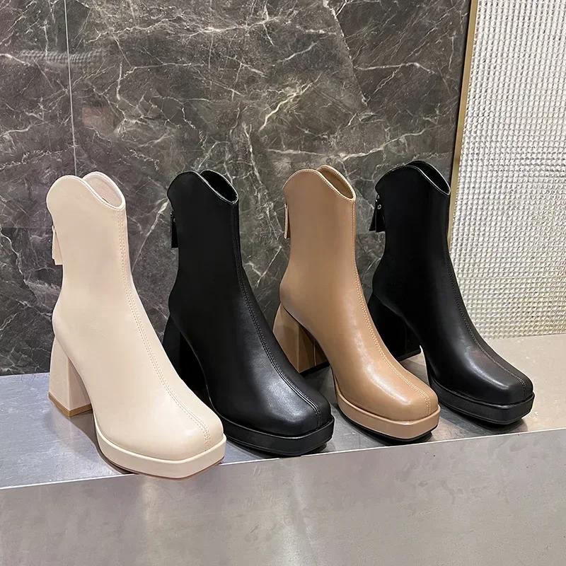 High Heels Short Boots Women Fashion Shoes 2024 New Autumn Winter Chunky Heels Waterproof Square Toe Plus Size Ankle Boots