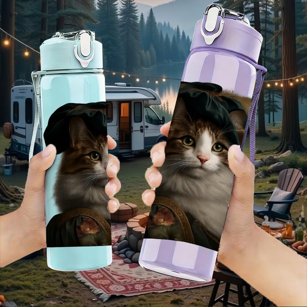 1PC Cat With Dark Mask Face Markings 750ml Color Plastic Sports Water Bottle Leakproof Flip Straw Lid Suitable for Sports Office Home Use