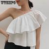 Women Spring Summer Solid Color Off Shoulder Shirts Female Sleeveless Casual Loose Ruffles Black White Tops Wholesale