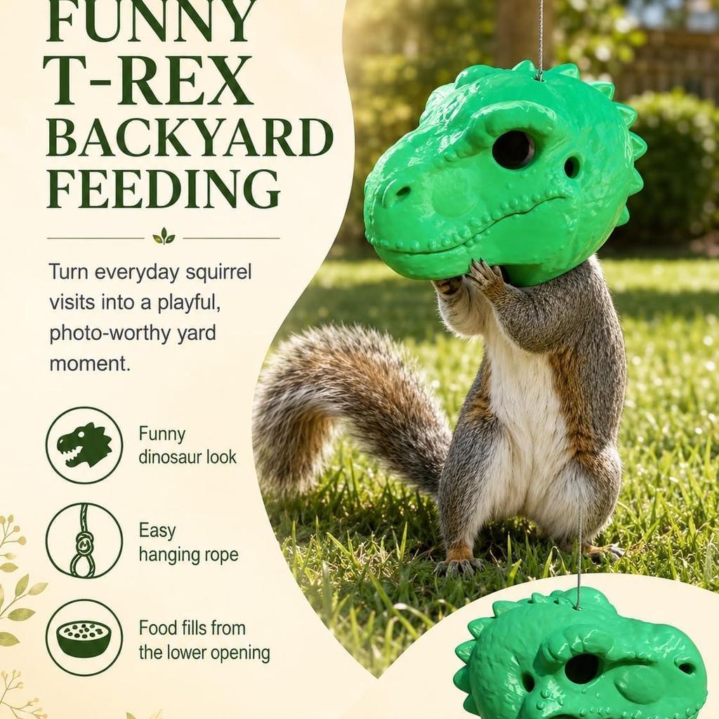 Dinosaur Head Squirrel Feeder, Animal Head Hanging Squirrel Feeders for Outside Funny Garden Outdoor Yard Decor