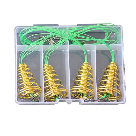 4Pcs/Set Trap Fishing Hook with Spring Carp Feeder Tangle-Free Heavy Duty Green Line Metal Barbed Fish Hook Rig Carp Fishing Accessories