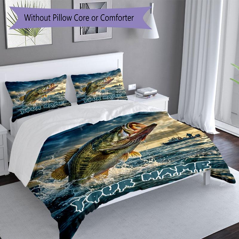 3PC Custom Name Largemouth Bass Adventure Bedding Set Duvet Cover Closure Includes 1 Duvet Cover & 2 Pillowcases for Bedroom