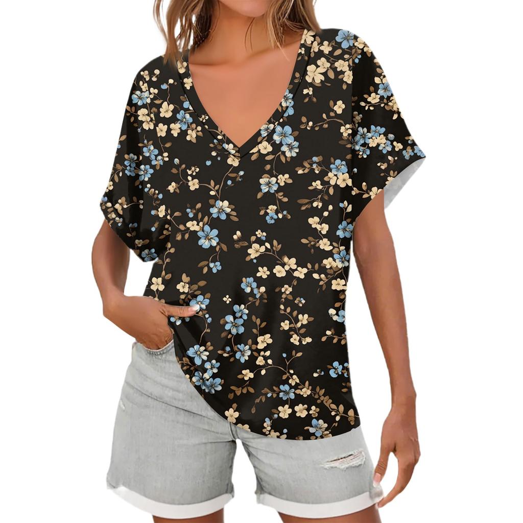 Womens Short Sleeve V-Neck Shirts Floral Print Loose Casual Basic Tees Summer Tops