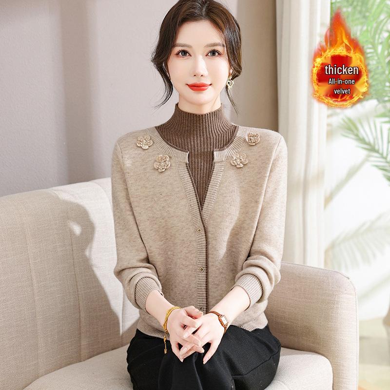 Stylish Faux Two-Piece Velvet Sweater for Middle-Aged & Elderly Women - Warm Knit Base Layer
