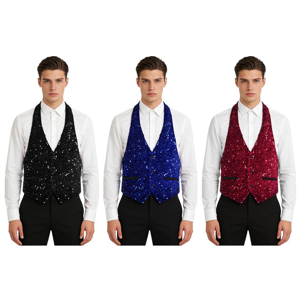 Mens Shiny Sequins Velvet Waistcoat Halter V Neck Front Button Down Backless Vest Top