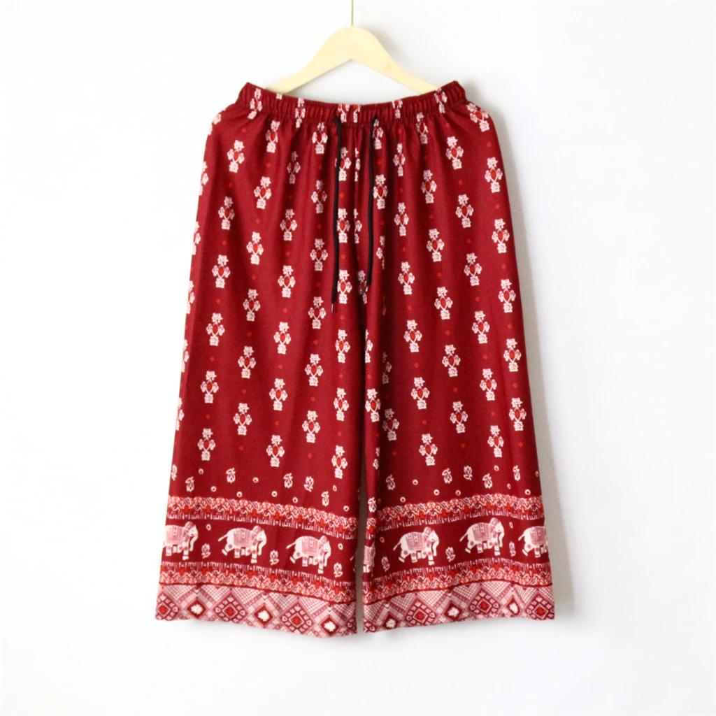 Капри Слоны Укороченные Брюки Регулируемый Эластичный Пояс Веревка Свободные Штанины Женские Мужские Унисекс Принт Таиланд Повседневная Уличная Одежда Пляжная Бохо Ретро Винтаж