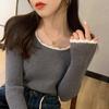 Ladies Autumn Winter Long Sleeve U Collar Color Matching Basic Pullover Knitted T Shirt Top