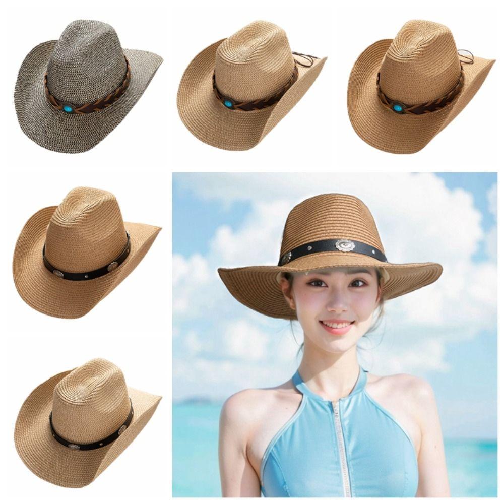 PU Leather Belt Cowgirl Hat Solid Color Straw Sun Hat Gentleman Western Cowboy Hat Male