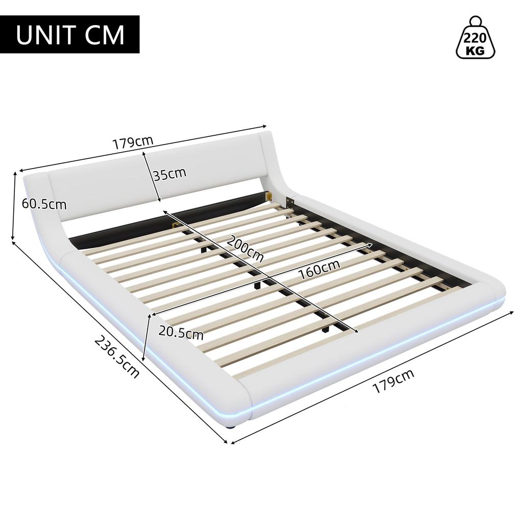 Polsterbett 160x200cm mit LED Beleuchtung, Bodenbett Doppelbetten mit Kopfteil und Lattenrost, Ohne Matratze