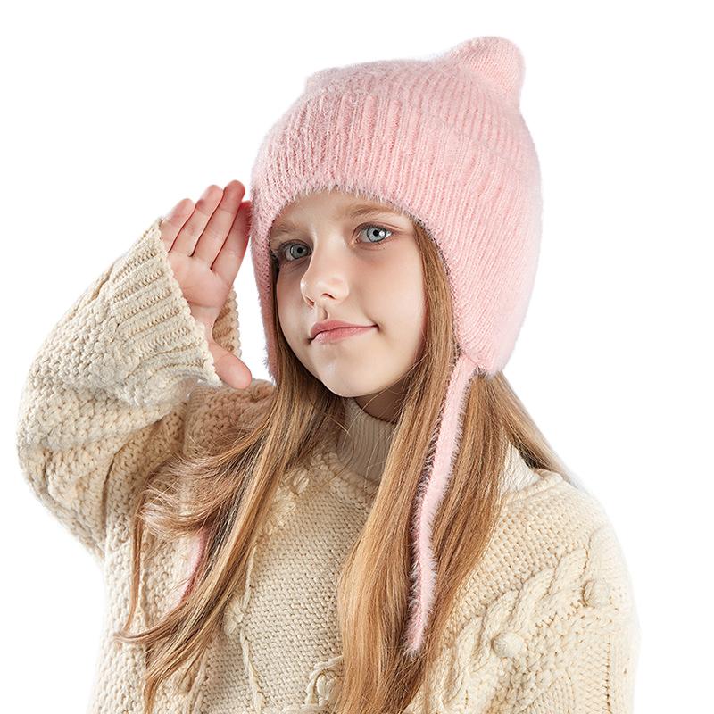 Новые детские шапки, милые вязаные шерстяные шапки с кошачьими ушками, зимние шапки для мальчиков и девочек, детские защитные капюшоны, модные уличные теплые цветные шапки