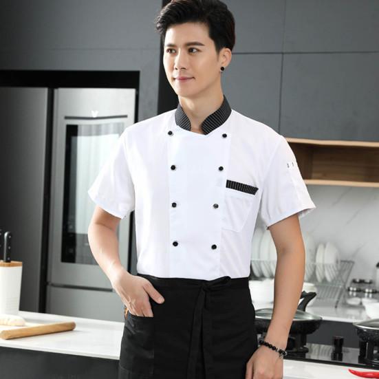 Stand Collar Short Sleeve Double Breasted Patch Pocket Splicing Color Chef Uniform Women Men Service Bakery Breathable Chef Shirt Work Clothing