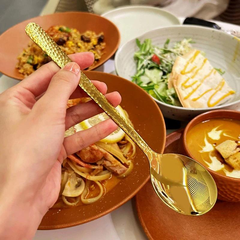 304 Stainless Steel Spoon, Long-handled Hammer-patterned Korean-style Round-head Spoon, Household Spoon, Soup Spoon