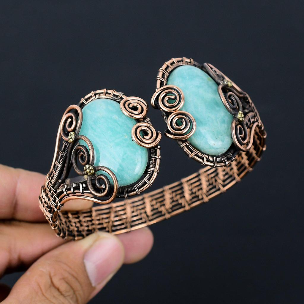 Unique Amazonite Gemstone Pure Copper Wire Wrapped Handmade Cuff/ Bangle Adjustable Jewelry