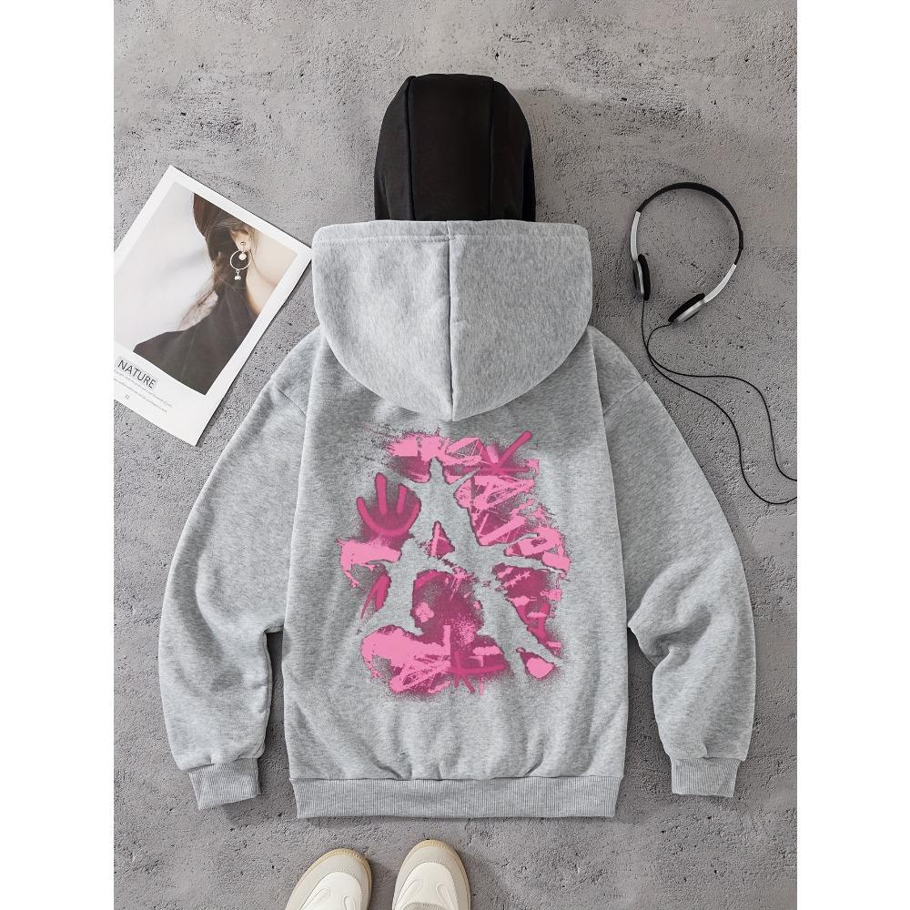 Женская черная куртка с капюшоном на молнии с принтом, повседневная спортивная одежда с розовыми брызгами и дизайном отпечатков рук, модный городской стиль