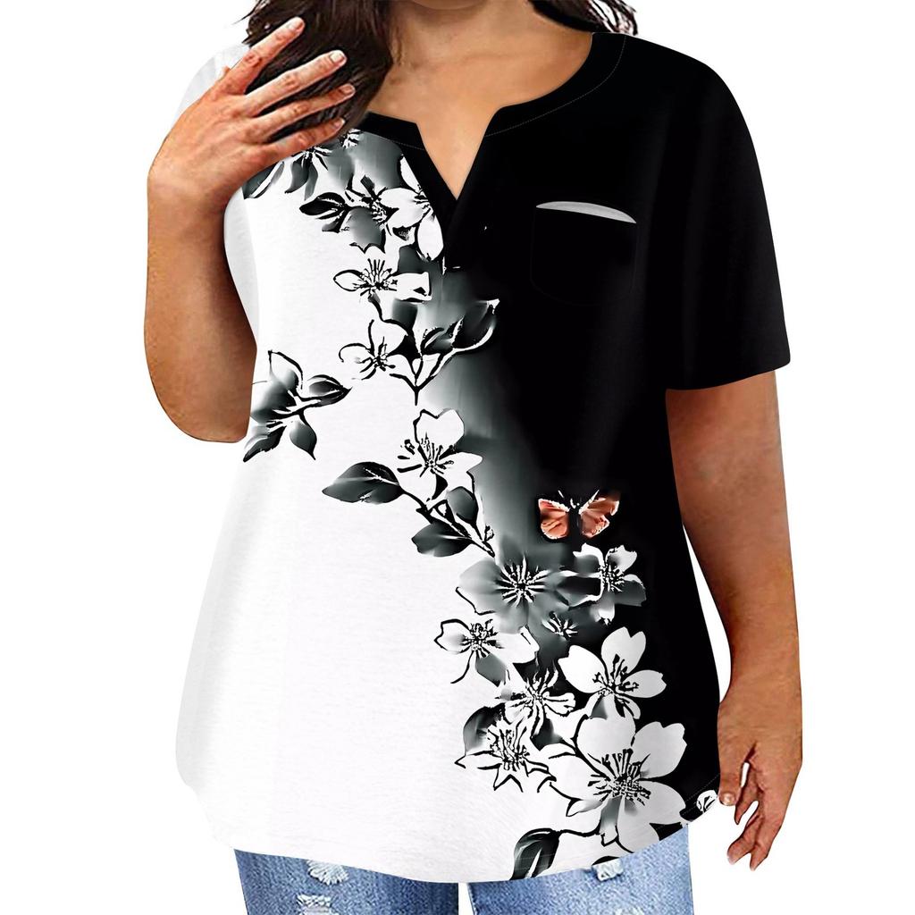 Женская футболка большого размера, повседневный топ с карманами и V-образным вырезом с короткими рукавами