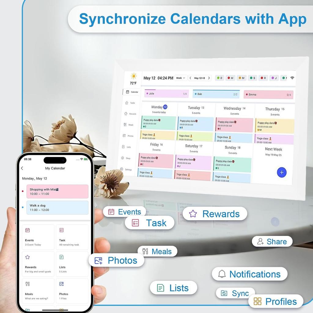 15,6-дюймовый умный цифровой календарь-планировщик с сенсорным экраном, настенное/настольное крепление, семейная таблица обязанностей, WiFi, интерактивный дисплей, управление через приложение