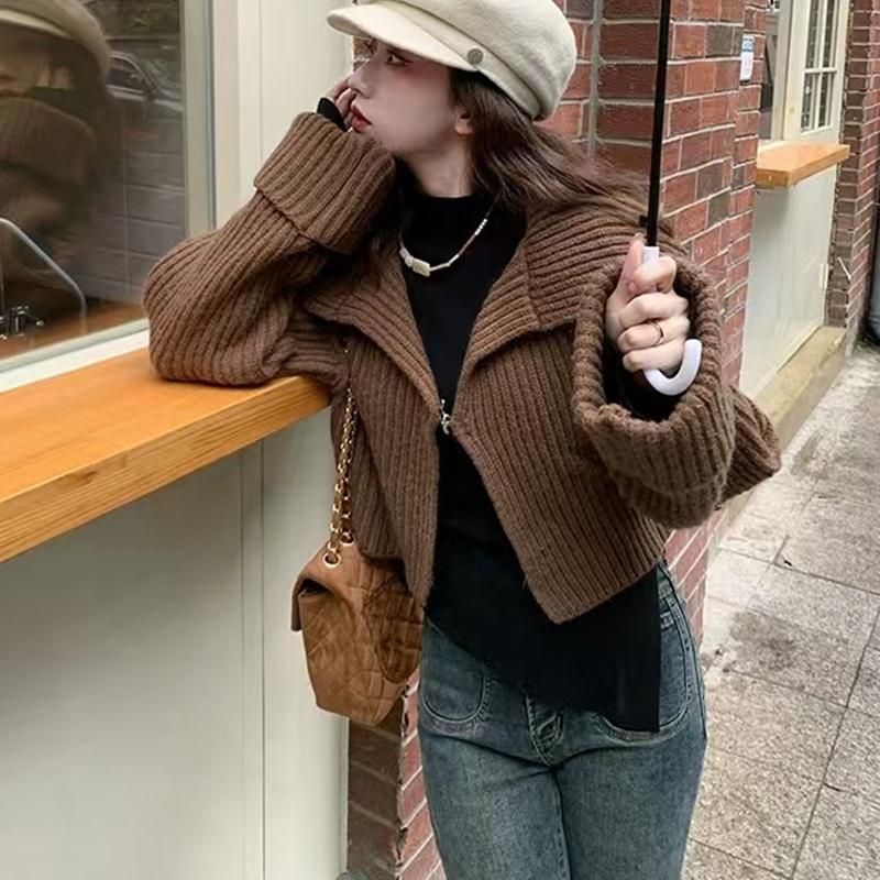 Элегантный вязаный кардиган женский короткий свитер куртка весна и осень длинный рукав повседневный корейская мода лацканы пальто однотонный простой офисная одежда