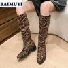Sexy Pointed Toe Leopard Women Shoes Mid Heels Knee High Boots 2025 Trend Fashion Elegant Chunky Chelsea Boots Pumps Mujer Botas
