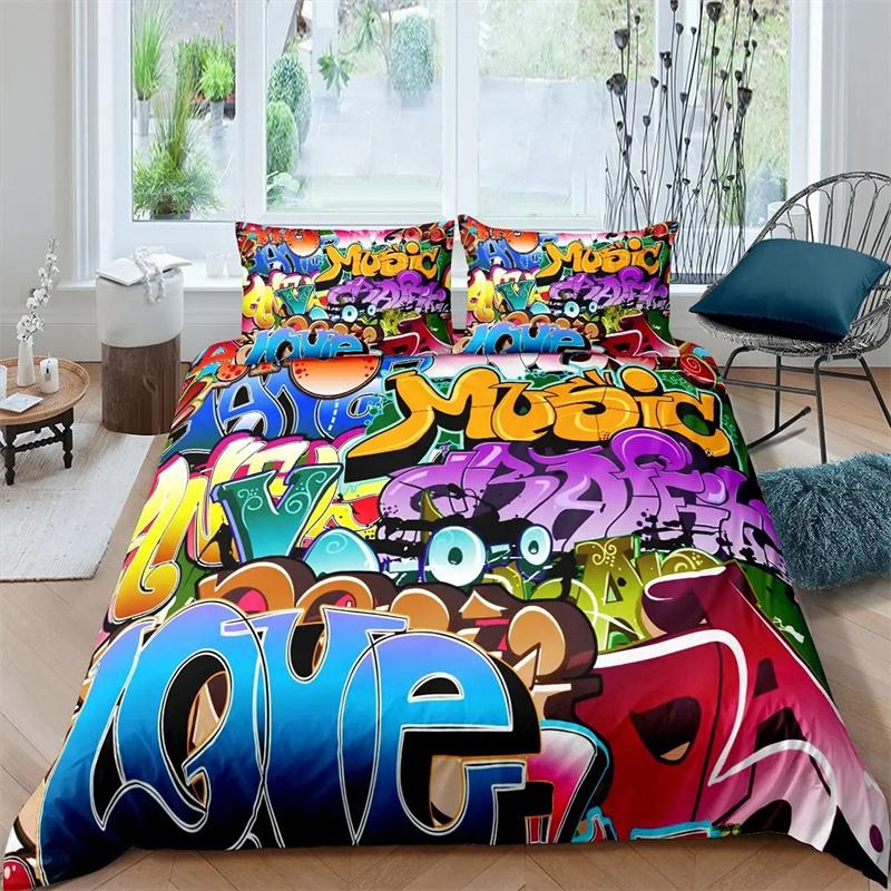 Hippie Graffiti King Queen Duvet Cover Hip Hop Bedding Collection For Kids Teens Adults Wall Urban Street Art Polyester Quilt Cover