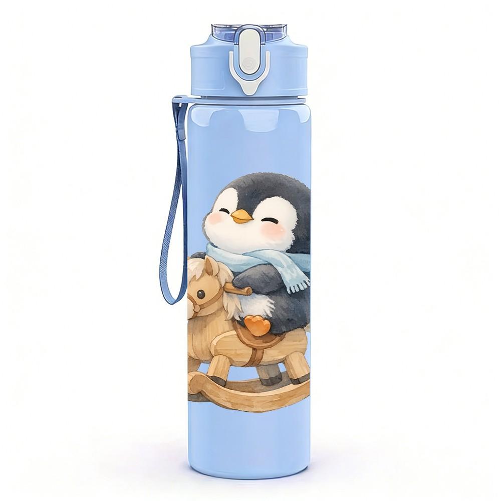 1PC Penguin On Rocking Horse Print 750ml Color Plastic Sports Water Bottle Leakproof Flip Straw Lid Suitable for Sports Office Home Use