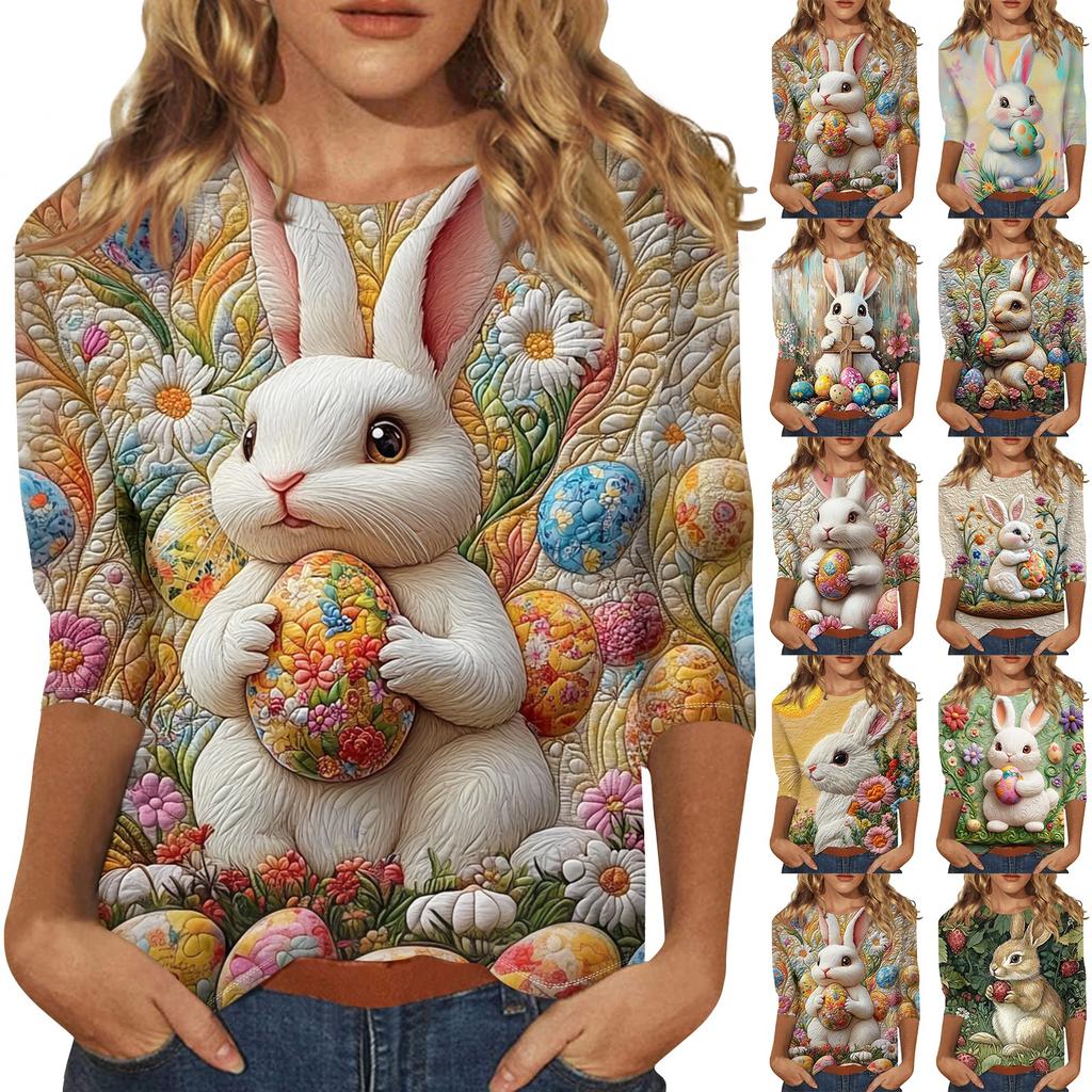 Women's Fashion Loose Casual Seven Sleeve Printed Round Neck Top