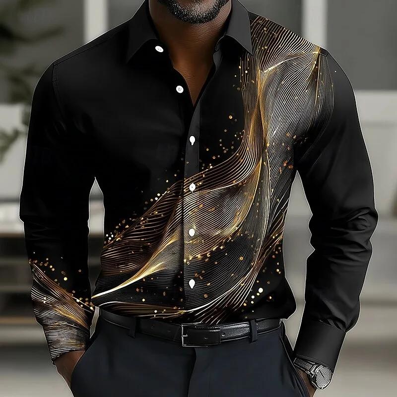 Stylish men's long-sleeve shirt with abstract wave print, versatile.