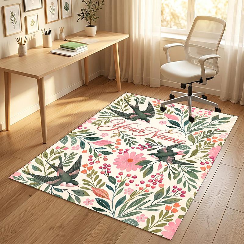 Floral Theme Soft Crystal Velvet Rug Custom Name & Text Print Non Slip Floor Rug for Bedroom Living Room
