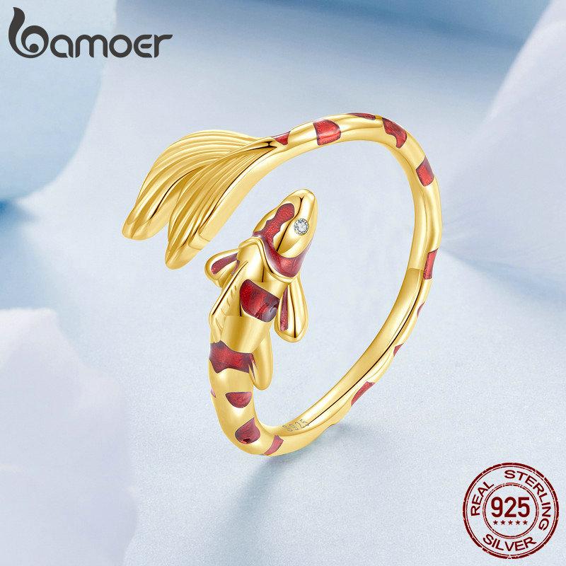 Bamoer Серебро 925 пробы Красная эмаль Карп Открывающееся кольцо Хвост счастливой рыбы Регулируемое кольцо для женщин Подарок на день рождения Изящные украшения
