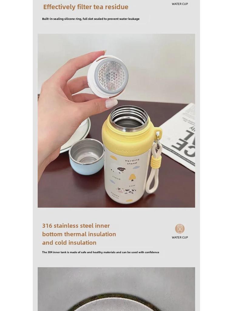 Dual-Use Cartoon Thermos Cup with Cute Rope - Stainless Steel Portable Water Bottle for Girls