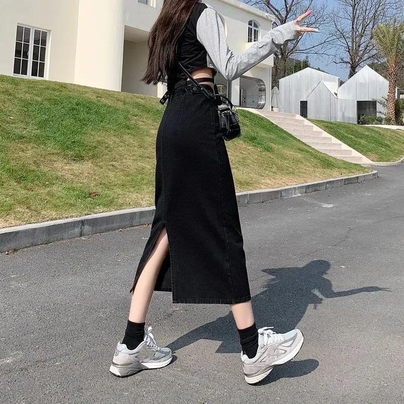 Женская летняя джинсовая юбка с разрезом сбоку, с высокой талией, А-силуэта, средней длины, длинное платье