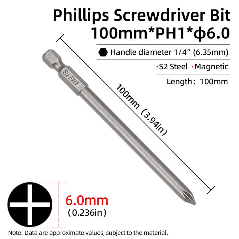 100mm Cross Head Screwdriver Bit Magnetic PH1 PH2 Phillips Screw Driver Bits 1/4” Hex Shank S2 Alloy Steel Electric Hand Tools