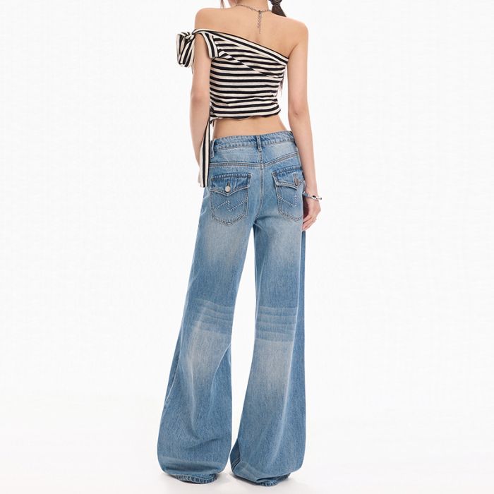Весна Лето Винтажные Синие Вышитые Свободные Джинсовые Брюки с Расклешенными от Колена Штанинами для Женщин Повседневные Брюки Оверсайз Джинсовые Брюки