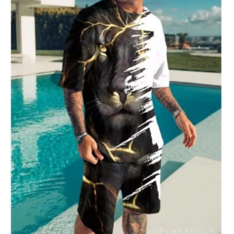 Мужской повседневный комплект из шорт с разноцветным 3D-цифровым принтом в виде леопардового топа с коротким рукавом + пляжные брюки