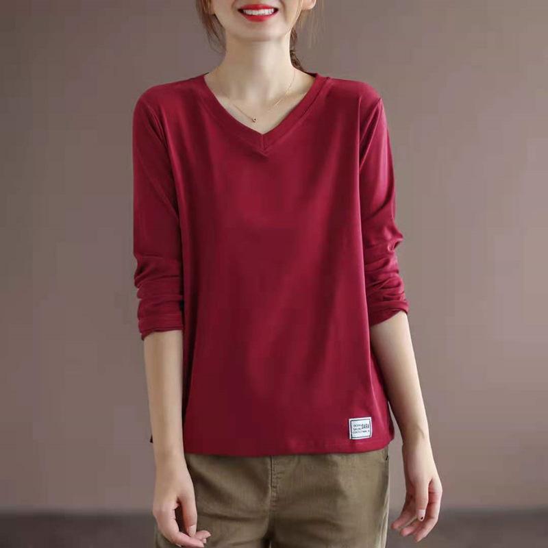 Женская хлопковая футболка большого размера, разноцветная, свободная, с заниженной линией плеч, V-образным вырезом, однотонный, длинный рукав, женский топ