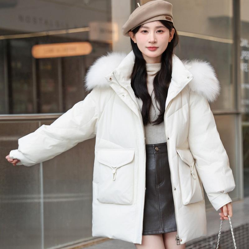 Big down jacket women's medium style winter small fashion loose hooded fox big fur collar thickened coat