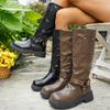 Chunky Platform Biker Boots for Women 2025 Autumn Winter Knee High Boots Woman Fashion Belt Buckle PU Leather Long Botas Mujer