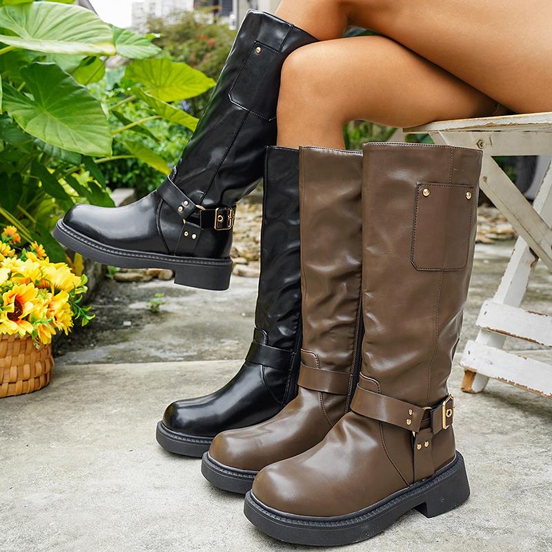 Chunky Platform Biker Boots for Women 2025 Autumn Winter Knee High Boots Woman Fashion Belt Buckle PU Leather Long Botas Mujer