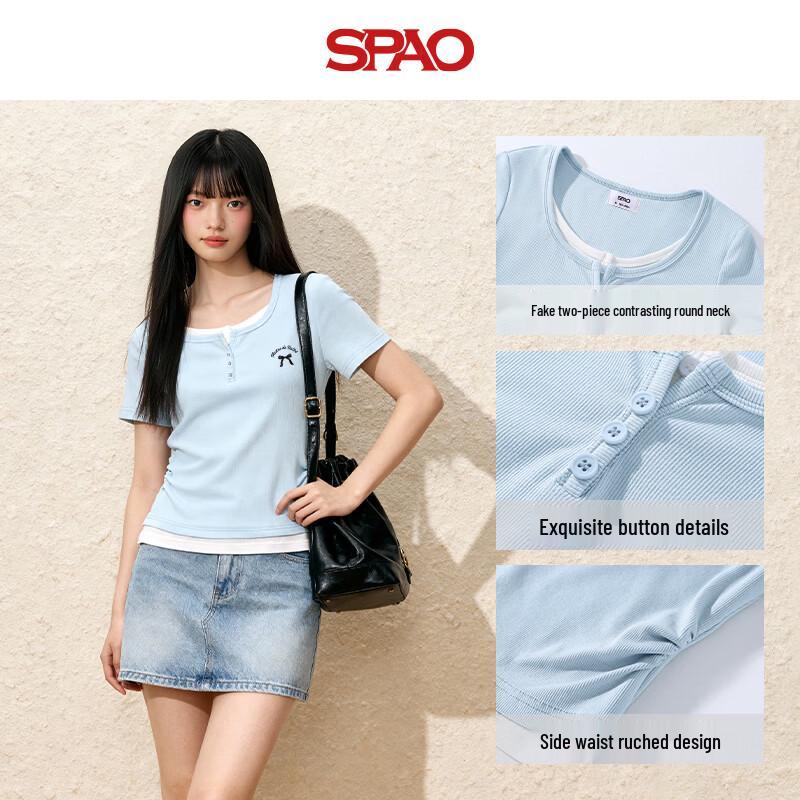 Женская футболка SPAO с контрастным эффектом двух предметов, с коротким рукавом