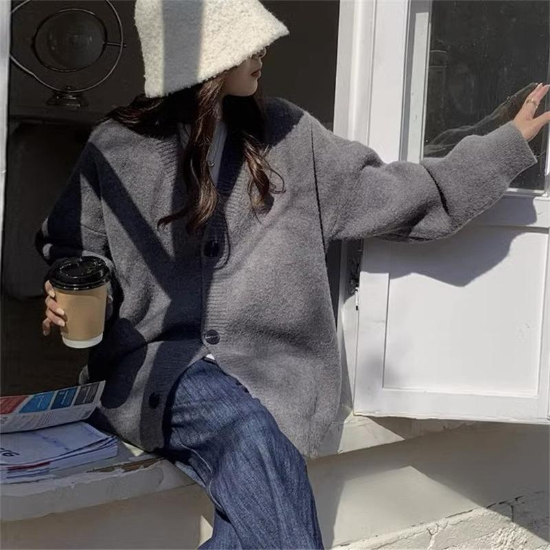 Осенне-зимний женский свитер-кардиган, куртка, свободный однотонный вязаный кардиган с ленивым ветром, простой вязаный кардиган