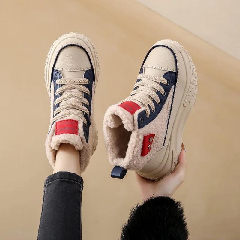 Модные женские зимние сапоги размера плюс 40, зимние новые плюшевые теплые ботинки, модные теплые сапоги с толстой подошвой, увеличивающие рост, нескользящие хлопковые сапоги